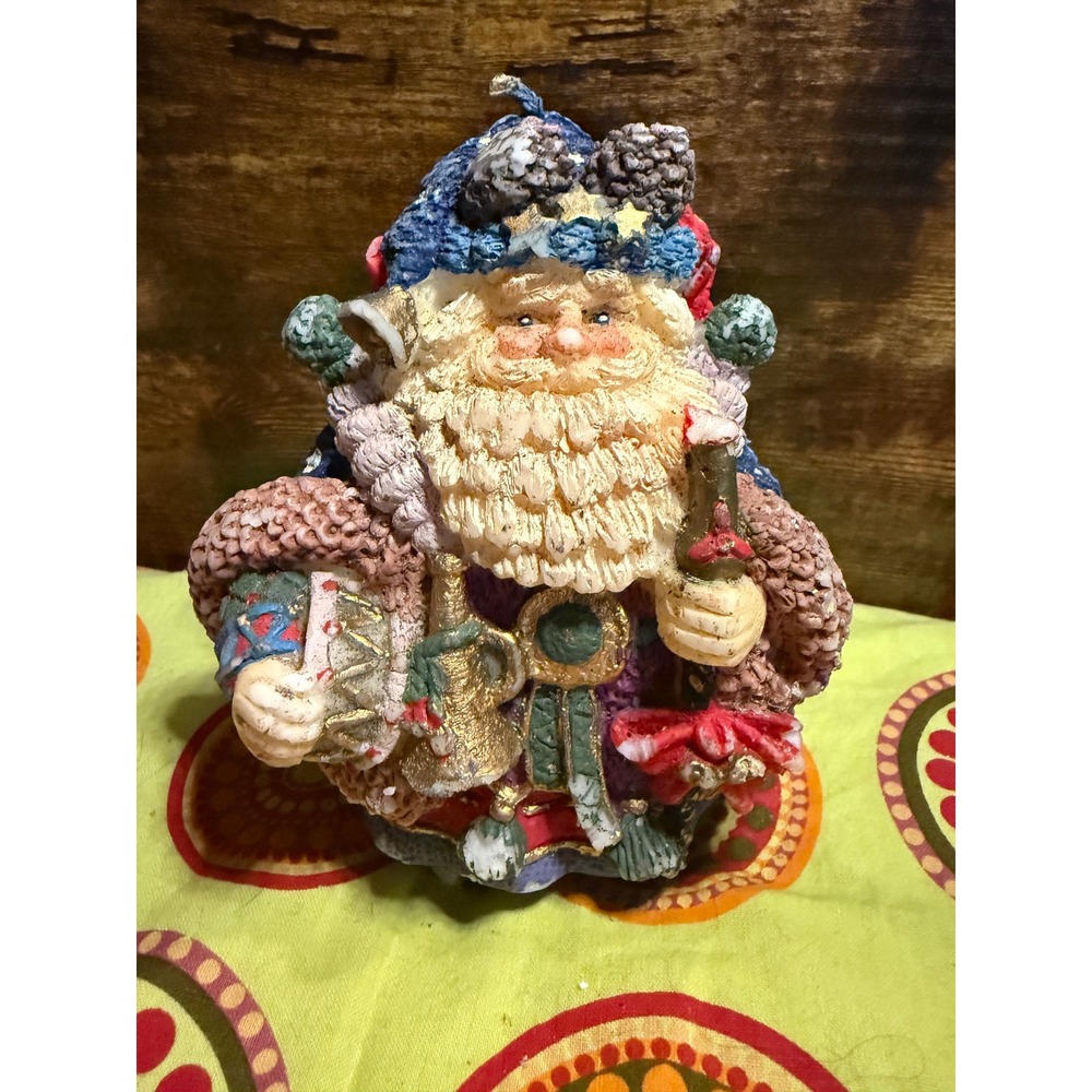 Vintage Santa Claus Decorative Candle Blue Robe Pinecone Star Textured 5.5"